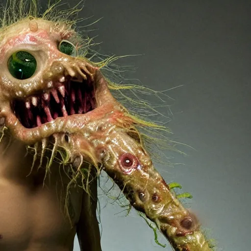 Image similar to a very strange creature made of cronenberg schmutz and drips, mucus, hairy, skin parts, fuzzy disgusting teeth, saliva nasty