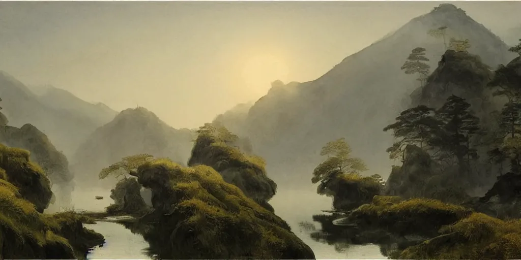 Prompt: a beautiful water color and ink painting of a large landscape, with a chinese temple, streams and rocks, at dawn, emerging sun and hills on the horizon some light fog by lee madgwick or caspar david friedrich or edouard manet, trending on artstation