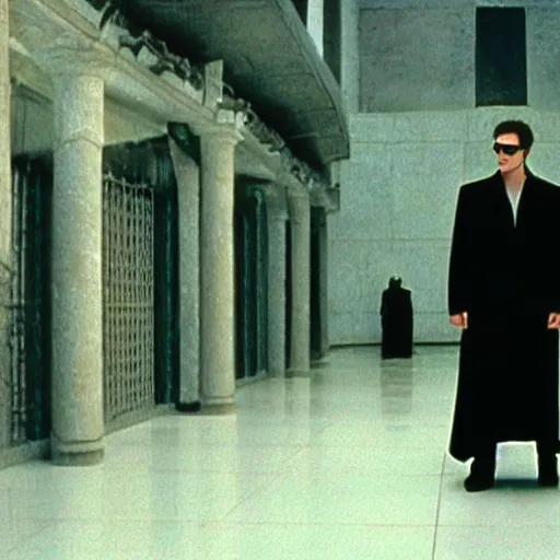 Image similar to a film still of gerard depardieux playing neo in matrix ( 1 9 9 9 ), 4 k, highly detailed, anamorphic