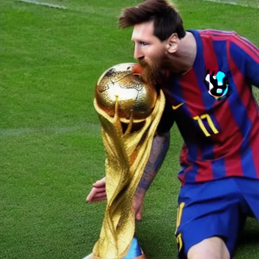 Image similar to messi kissing the soccer world cup trophy