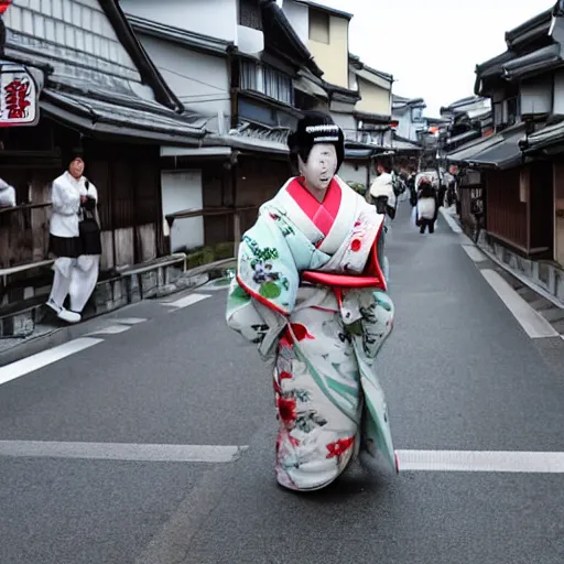 Prompt: A maiko riding a mako shark across the streets of Kyoto