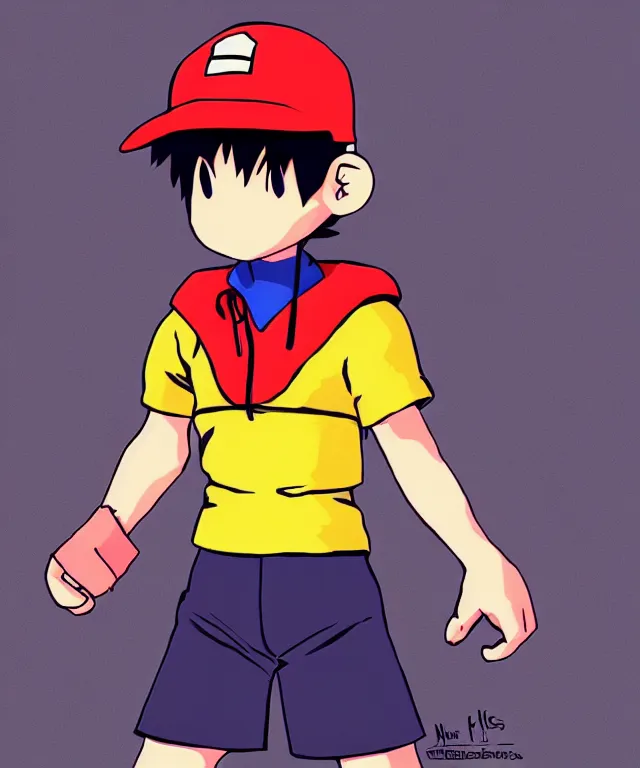 Image similar to ness from earthbound in the art style of ufotable studios, crisp 8 k line art, digital painting, artstation, concept art, matte, sharp focus, illustration