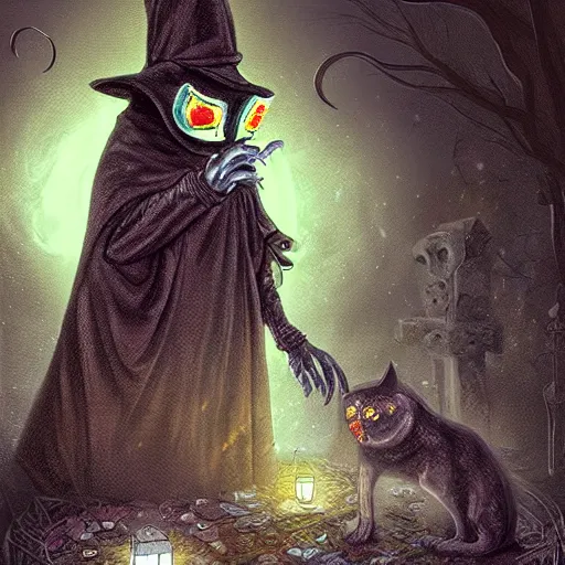 Prompt: a plague doctor cat with techo armor with rgb led lights in a graveyard, digital painting, awesome, highly detailed, spooky, gothic, scifi, horror