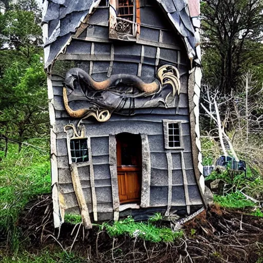 Image similar to a witches house, huge snakes on the roof of the house