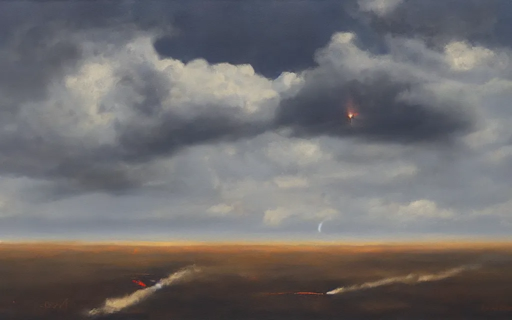 Image similar to rockets, ominous sky, oil on canvas, by edelfelt