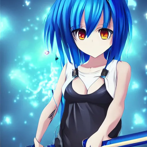 Image similar to an anime girl, holding a giant blue hammer with the logo of a black heart, and the anime girl has blue hair, white and black t - shirt, blue short - pants and she's barefoot without slippers and socks