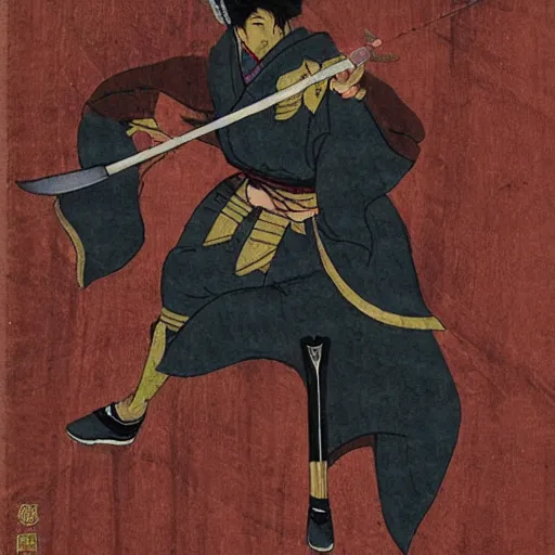 Prompt: fantasy portrait of a flying japanese warrior with wooden shinai, art by kano