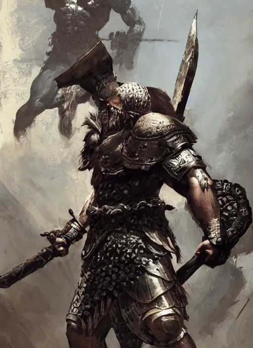 Image similar to ancient historically accurate depiction of the Bible Character Goliath of Gath, the Philistine warrior giant in ancient persian chainmail armor, dramatic lighting art by Yoji Shinkawa by Richard Schmid by greg rutkowski by Sandra Chevrier by Jeremy Lipking cinematic dramatic