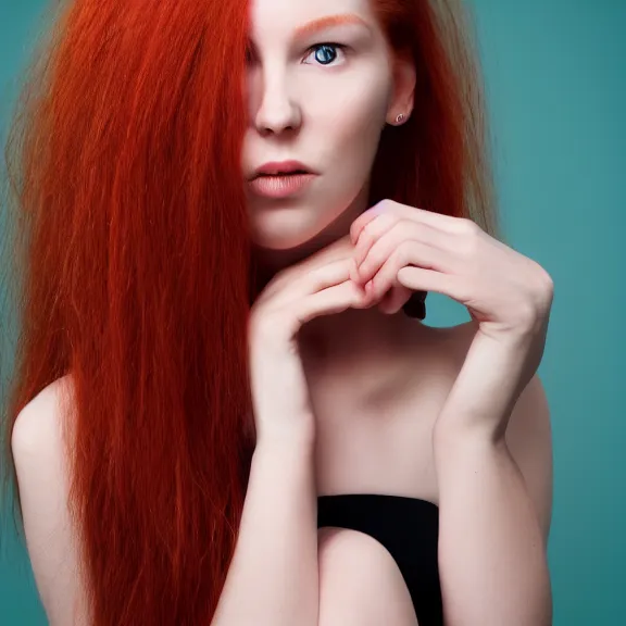 Image similar to portrait of a plain looking young white female model red hair and uneven skintone and a round shaped face