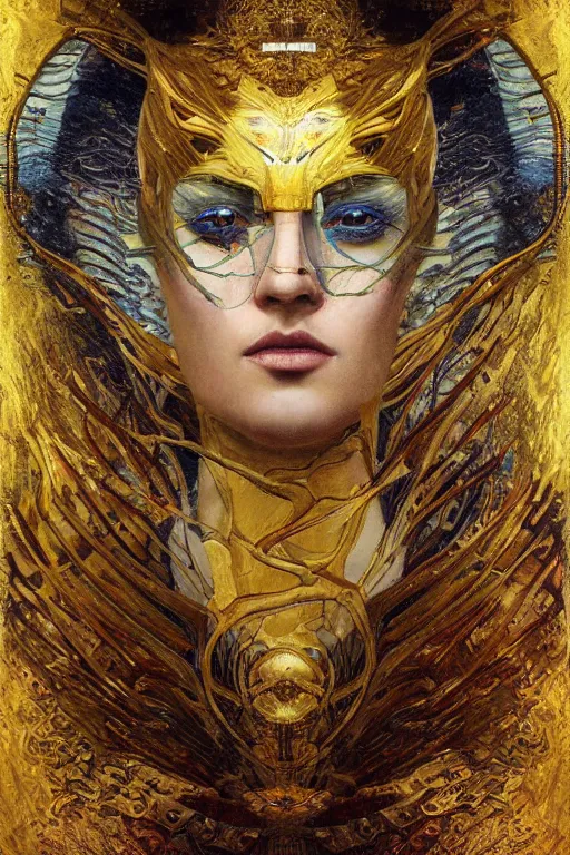 Image similar to Intermittent Chance of Chaos Muse by Karol Bak, Jean Deville, Gustav Klimt, and Vincent Van Gogh, beautiful inspiring portrait, enigma, Loki's Pet Project, destiny, Poe's Angel, fate, Surreality, inspiration, muse, otherworldly, fractal structures, arcane, ornate gilded medieval icon, third eye, spirals