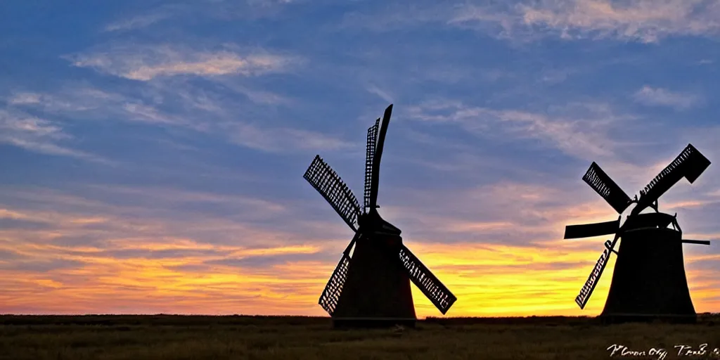 Image similar to photo of a west texas sunset, old windmill, golden hour, high quality, beautiful!!!