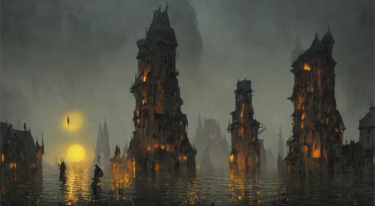 Prompt: a high contrast painting of a flooded ancient tower at night by greg rutkowski simon stalenhag carl spitzweg jan van eyck audubon rene magritte max ernst, full-length view, highly detailed, vibrant colors, extremely high contrast!, symmetry, great composition, high detail, cinematic lighting, award winning masterpiece, trending on artstation