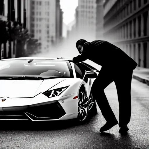 Prompt: black and white press photograph of a tired man, man in a black suit, pushing a lamborghini that is out of gas on a busy city street, sideview, detailed, natural light, mist, film grain, soft vignette, sigma 5 0 mm f / 1. 4 1 / 1 0 sec shutter, imax 7 0 mm footage