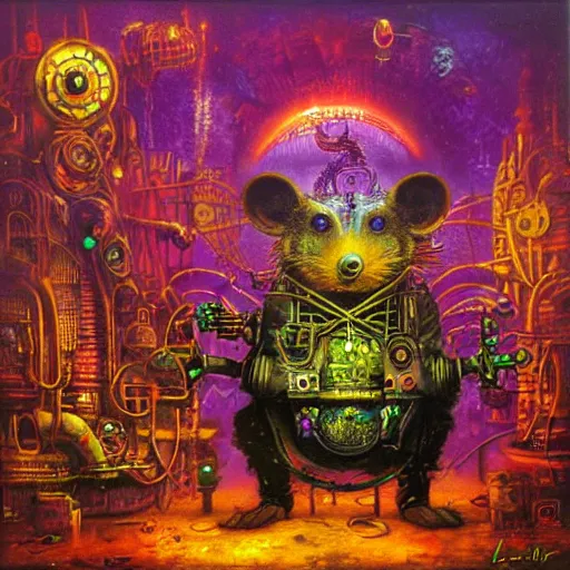 Image similar to steampunk rat, acid, 303, psychedelic, by paul lehr, cd cover for psytrance artist