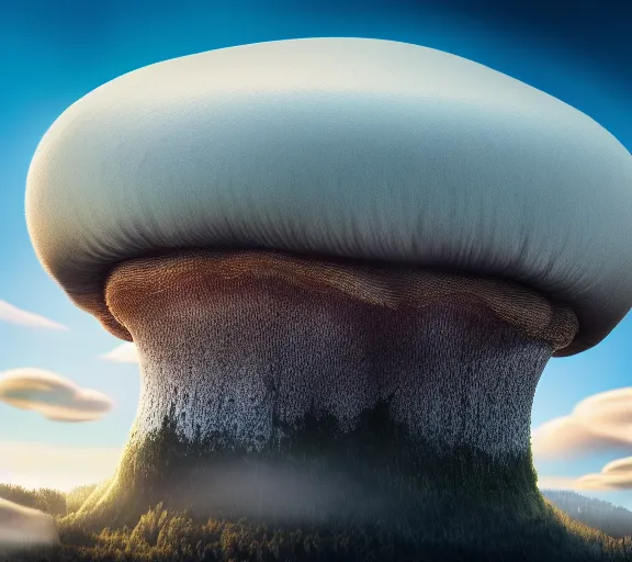 Image similar to a giant mushroom that stretches above the clouds with an upside down city built from the cap instead of gills. highly detailed 8 k. intricate. lifelike. soft light. nikon d 8 5 0. cinematic post - processing