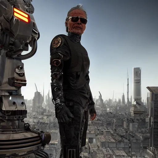 Image similar to highly detailed portrait of a terminator with borg enhancements, 8k. There is a dystopian city in the background. Rendered with unreal 5 engine with ray tracing and tessellation