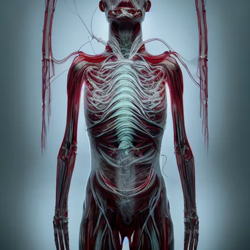 Prompt: a human - shaped anatomical ghost covered in fluid silk, ethereal, veins nerves, tendons wires, machines, highly detailed, backlit, dark atmosphere, octane render, unreal engine, photorealist, procedural light