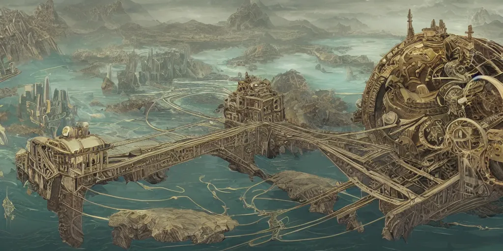 Image similar to illustration, concept illustration, steam punk, a single giant ancient linear city on a single bridge, giant continent bridge city build over the ocean in a straight line, fading into the distance