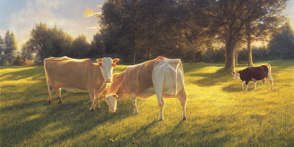 Image similar to cow, volumetric lighting, spring early, nice slight overcast weather, realistic illustration, perfectly shaded, ( golden hour ), soft painting, low angle, art by sven nordqvist