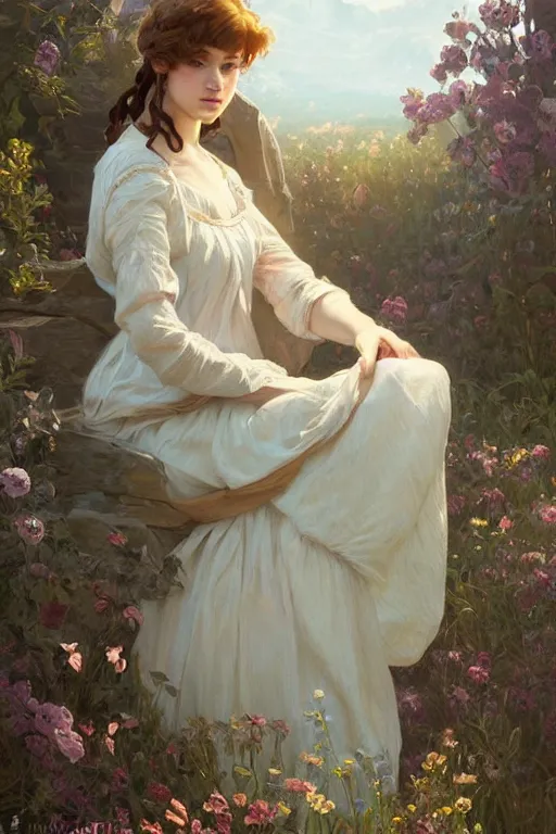 Image similar to beautiful cottagecore young peasant maiden, innocent, intricate, elegant, highly detailed, digital painting, artstation, concept art, smooth, sharp focus, illustration, art by artgerm and greg rutkowski and alphonse mucha
