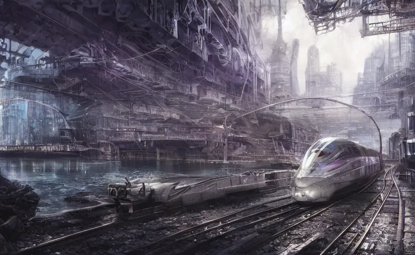 Image similar to An urban train rides inside of a waterway on a fantasy city, hyperrealistic mixed media, stunning 3d render inspired art by P. Craig Russell and Barry Windsor-Smith + perfect facial symmetry + dim volumetric lighting, 8k octane beautifully detailed render, post-processing, extremely hyperdetailed, intricate futuristic mechanic parts, epic composition, grim yet sparkling atmosphere, cinematic lighting + masterpiece, trending on artstation