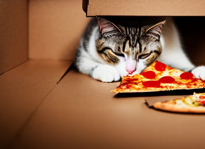 Prompt: photo of a very fat cat chewing pizza inside a cardboard box. nikon d 8 5 0 5 5 mm. dof. cinematic postprocessing.