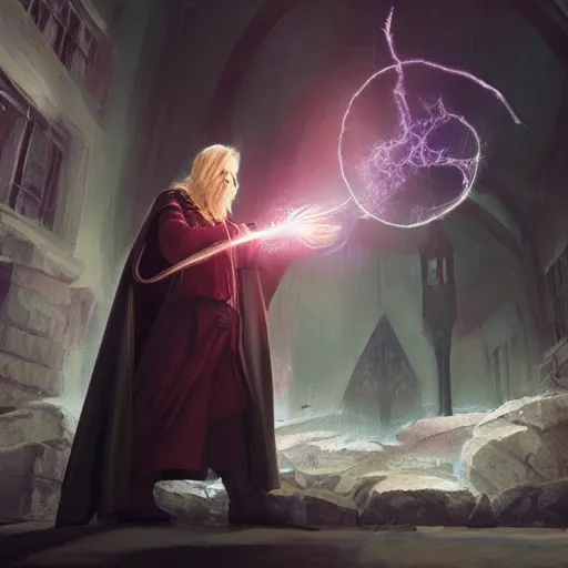 Image similar to a beautiful panting of a dark wizard casting a spell, alchemist lab, hyperrealistic, cinematic atmosphere, epic, artstation, moebius