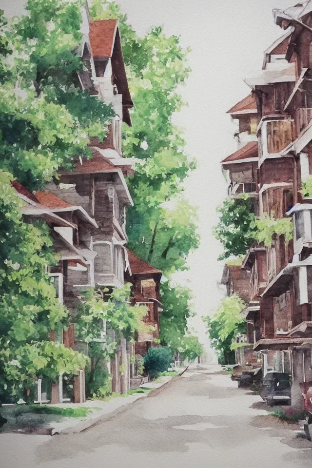 Image similar to street lined with old residential houses summer watercolor by arti chauhan trending on artstation