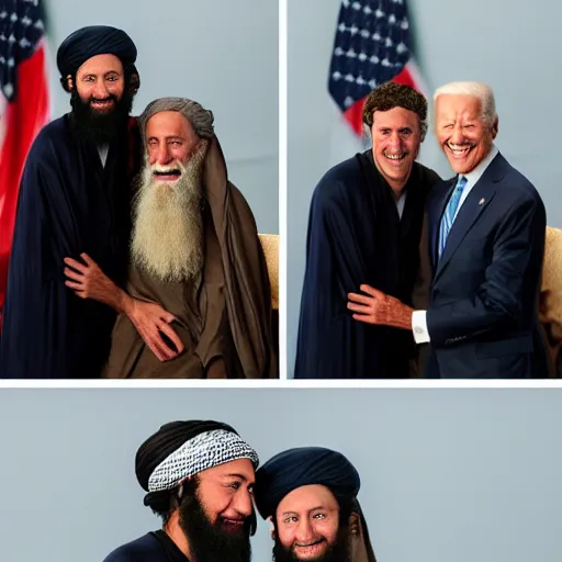 Image similar to 4 k portrait sony a 7 f 2. 8 of mark zuckerberg as a taliban leader hugging us president joe biden as a taliban leader