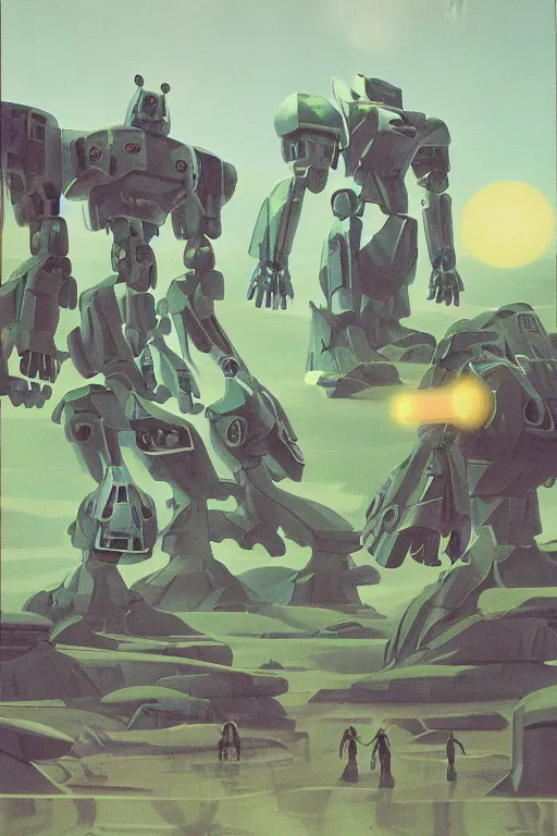 Prompt: giant mecha robot fight with giant сyclops with laser, swamps landscape and pillars by helen lundeberg