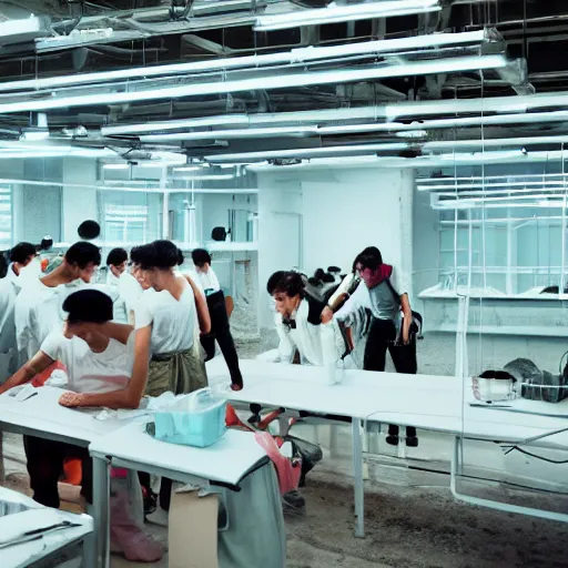 Image similar to surreal forced labour wage slavery odyssey sweatshop under fluorescent light hell, advanced, photorealistic, realistic, dramatic lighting, fantastic reality, by stefan bakałowicz, 8 k resolution