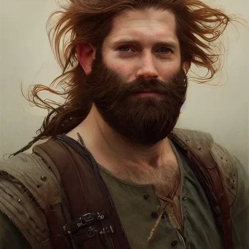 Image similar to portrait of a rugged ranger, 35 years old, beard, male, masculine, upper body, red hair, long hair, soft hair, D&D, fantasy, intricate, elegant, highly detailed, digital painting, artstation, concept art, matte, sharp focus, illustration, art by Artgerm and Greg Rutkowski and Alphonse Mucha