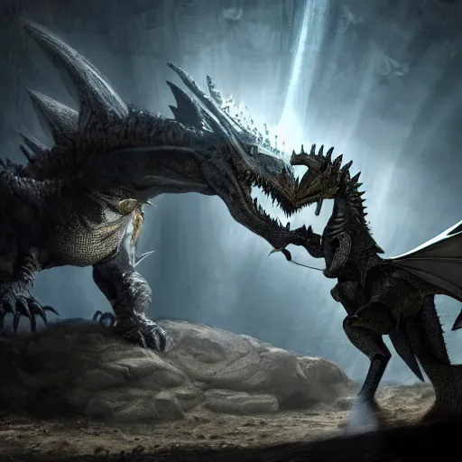 Prompt: photo of an armored knight confronting a large red scaly dragon sleeping on a mountain of human bones in a dark dusty cave with a ray of light shining on it\'s face. The knight is very small in comparison to the dragon. The cave shines with gemstones and gold. Very detailed 8k. fantasy