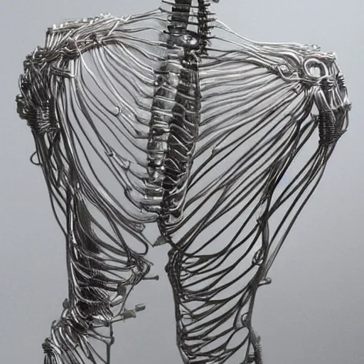 Image similar to realistic silver anatomically correct detailed wire sculpture of the human skeletal system