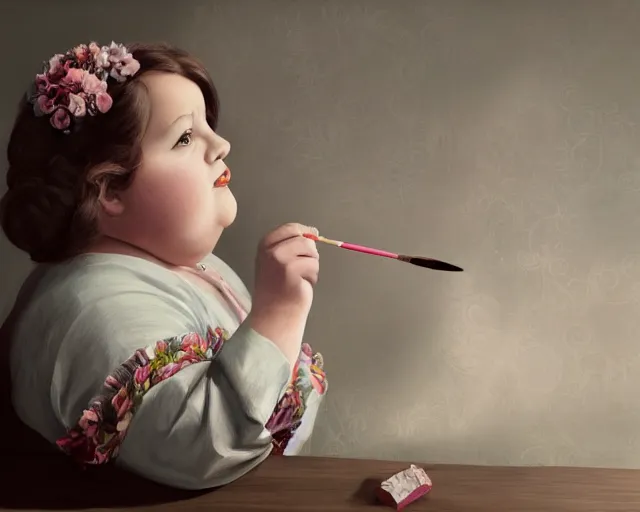 Prompt: very stylized old photo portrait of a fat sweet little girl painting a doll on the wall, full body. long shot. beautiful hands, flowery cloth. subsurface scattering shiny skin. beautiful lighting, 4 k post - processing, trending in art station, cg society, highly detailed, 5 k extremely detailed, 3 d. cinematic scene. sharp details. bokeh