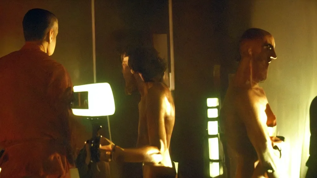 Image similar to movie scene of a man and a robot having a moment of jealousy, movie still, cinematic composition, cinematic light, by david lynch and gaspar noe
