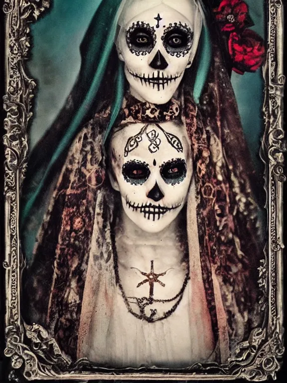 Image similar to tintype virgin mary in dia de muertos dress and make up, horrific beautiful vibe, evocative, atmospheric lighting, painted, intricate, highly detailed,