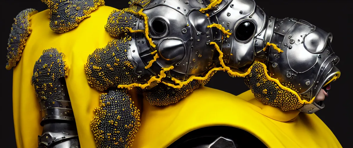 Image similar to hyperrealist highly detailed english medieval portrait of high fashion monster wearing car part yellow cab armor, radiating atomic neon corals, concept art pascal blanche dramatic studio lighting 8k wide angle shallow depth of field