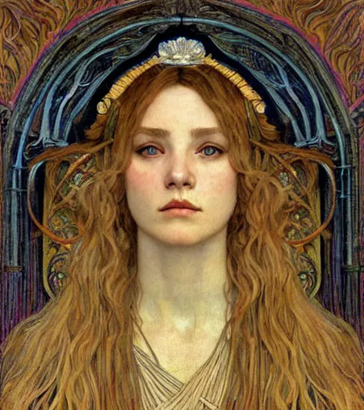 Image similar to detailed realistic beautiful young medieval queen face portrait by jean delville, alphonse mucha, vincent van gogh, and marco mazzoni, art nouveau, symbolist, visionary, gothic, pre - raphaelite