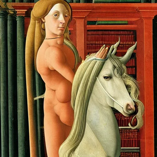 Prompt: half bird half-woman stands next to a centaur in a library, by Sandro Botticelli