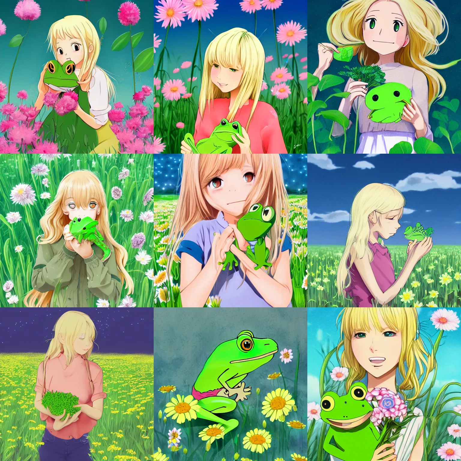 Prompt: illustration of a blonde girl holding a happy green! frog, in a field of flowers, studio ghibli, mysterious, fantastical, disney, anime, digital art, cute, shoujo, trending on artstation, very detailed, realistic anime 4 k