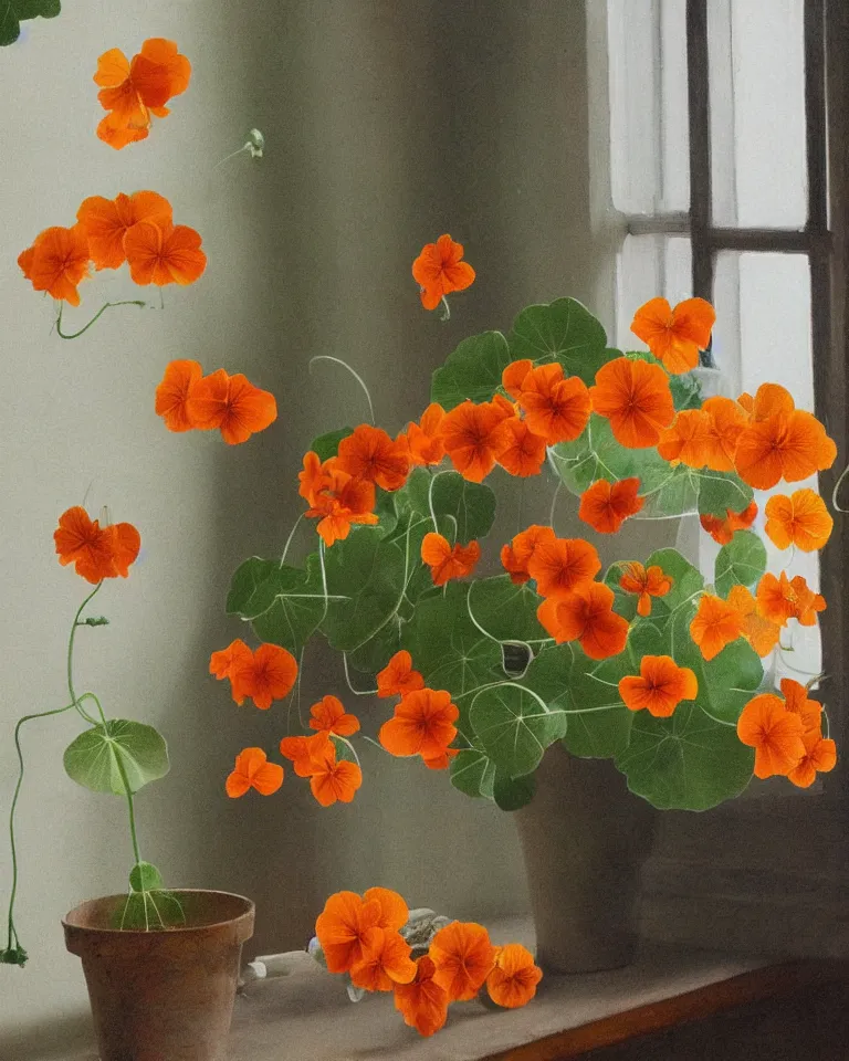 Image similar to fine artwork of a still life arrangement of flowering nasturtiums soft light coming from a window in a dark room, moody, wabisabi, hygge