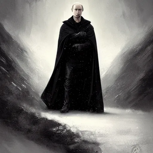 Image similar to portrait of Putin in a black cloak, glowing eyes, detailed face, highly detailed, cinematic lighting, digital art painting by greg rutkowski.