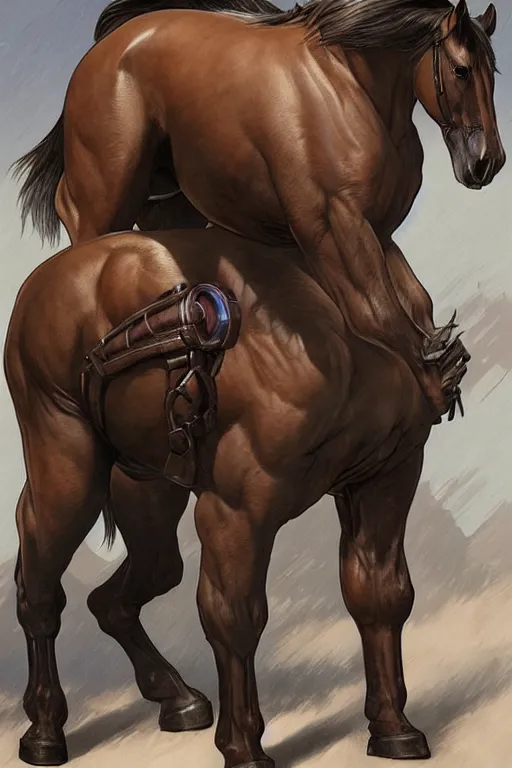 Image similar to portrait of hulking anthro horse whose physique is bursting with muscle, leather catsuit, test subject, monstrous, full body, sci - fi, highly detailed, digital painting, artstation, concept art, sharp focus, illustration, art by artgerm and greg rutkowski and alphonse mucha