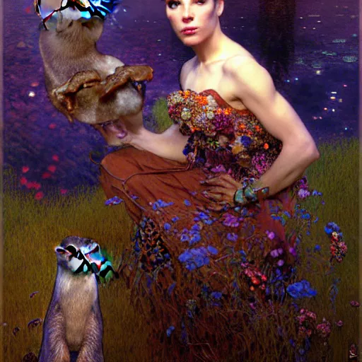 Image similar to portrait of an otter wearing a flower dress. shadowrun cyberpunk fantasy highly detailed painting by gaston bussiere craig mullins jc leyendecker gustav klimt artgerm greg rutkowski john berkey, bergey, craig mullins, ruan jia, raymond swanland, jeremy mann, tom lovell, alex malveda