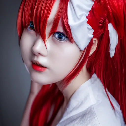 Image similar to very detailed photo of anime girl cosplayer wearing white and red dress, studio photo, anatomically correct, pretty face, UHD, 8k