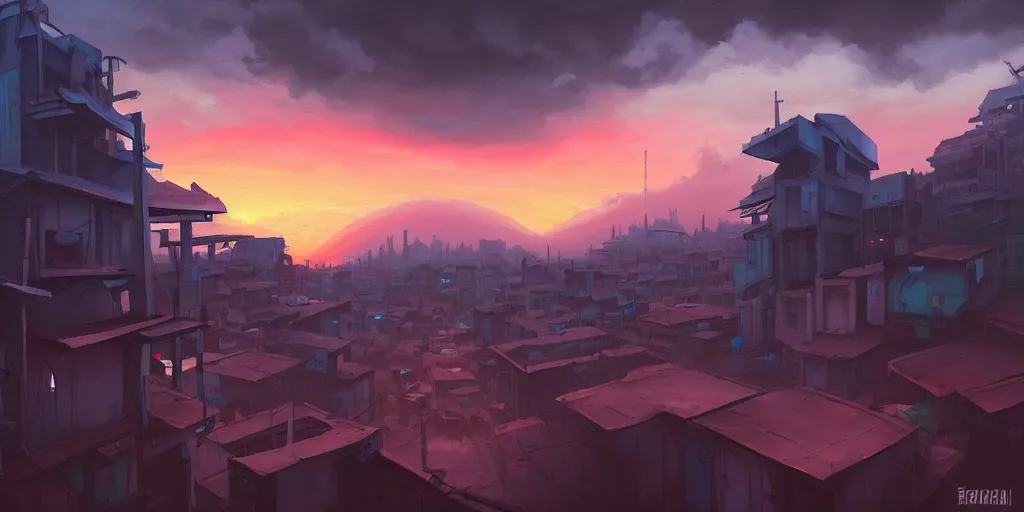 Image similar to Andreas Rocha painting of a cyberpunk African favela, hazy sunset with dramatic clouds, deep blues, wide angle lens, asymmetrical, trending on Artstation, High quality image