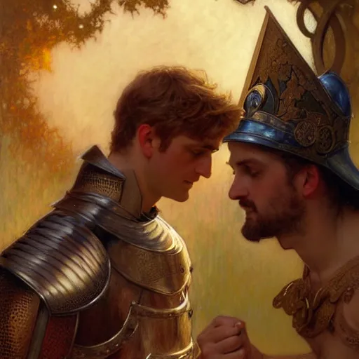 Image similar to attractive arthur pendragon and his attractive male knight, they are in love, natural lighting, path traced, highly detailed, high quality, digital painting, by gaston bussiere, craig mullins, alphonse mucha j. c. leyendecker