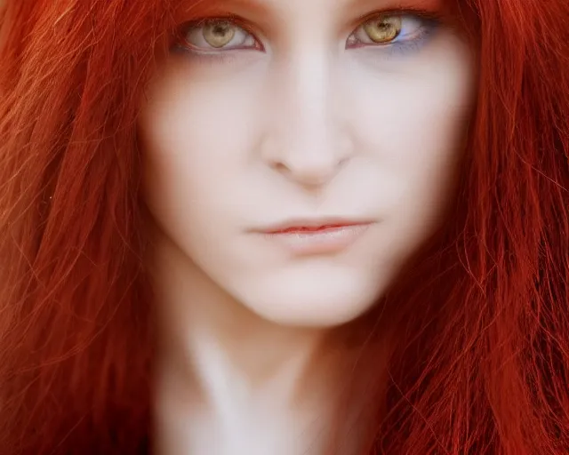 Prompt: award winning 5 5 mm close up face portrait photo of an anesthetic and beautiful redhead vampire lady who looks directly at the camera with bloodred wavy hair, intricate eyes that look like gems, and long fangs, in a park by luis royo. rule of thirds.