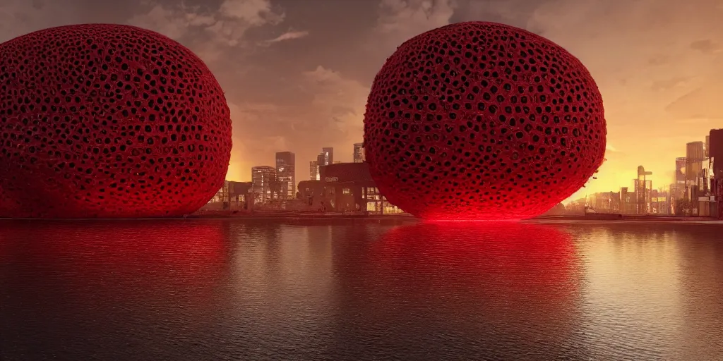 Image similar to An epic architectural rendering of a blob shaped trypophobia house with a mysterious red glow emitting from inside in a modern cityscape next to a river, stunning, gorgeous, golden ratio, photorealistic, featured on artstation, 4k resolution